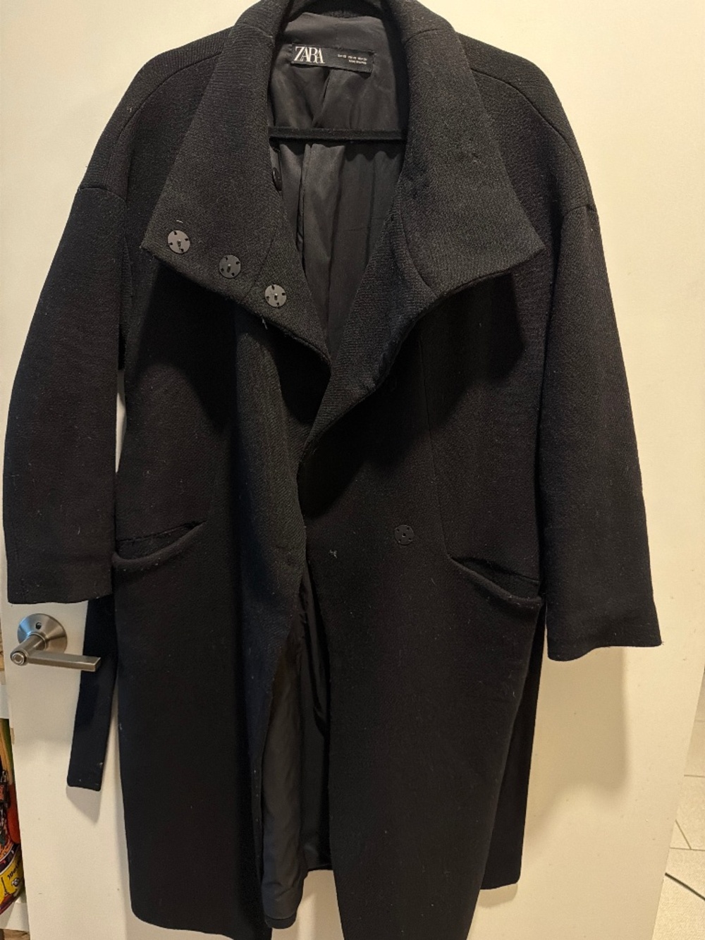 Zara Black Oversized Wool Blend Long Coat XS Double Breasted